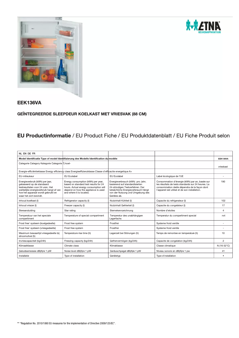 Page 1 de la notice Fiche technique Etna EEK136VA