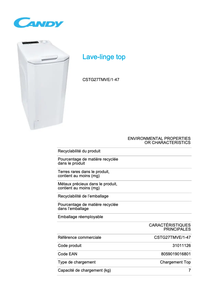 Page 1 de la notice Fiche technique Candy CSTG27TMVE/1-47