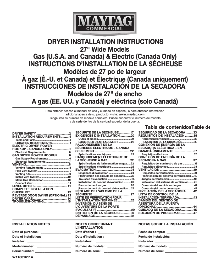 Page 1 de la notice Guide d'installation Maytag MEDP586KW