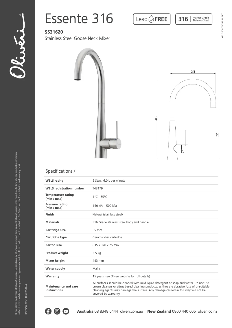 Page 1 de la notice Fiche technique Oliveri Essente SS31620