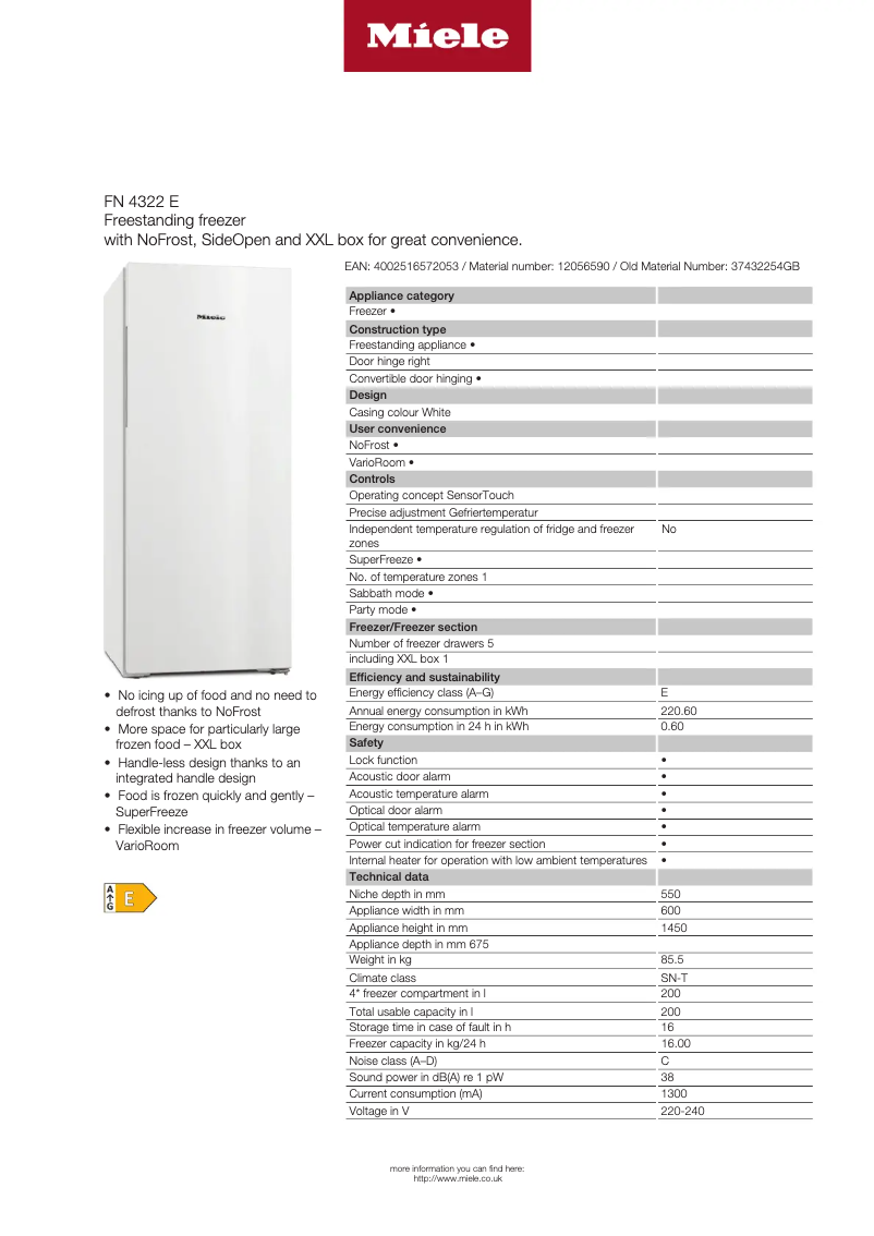 Page n°1 - Fiche technique Miele FN 4322 E