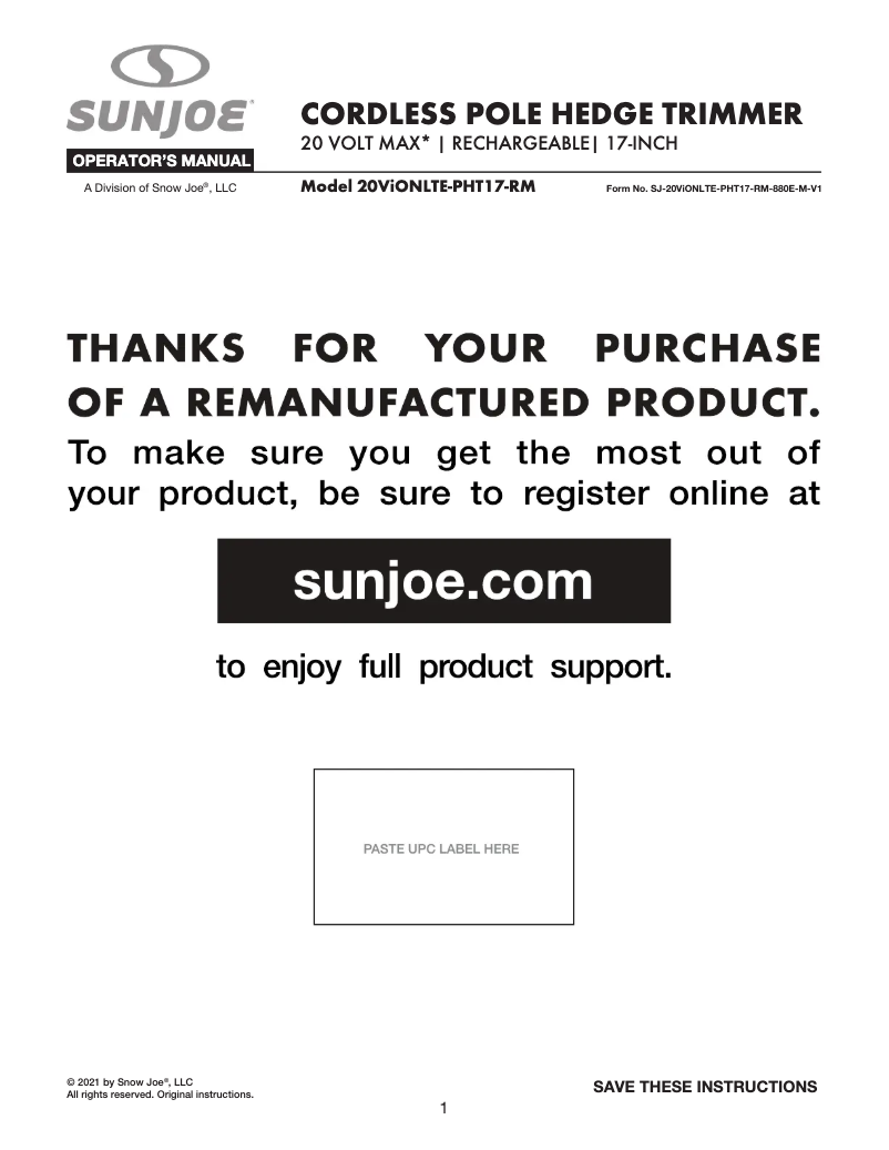 Page n°1 - Manuel utilisateur Sun Joe 20VIONLTE-PHT17-RM