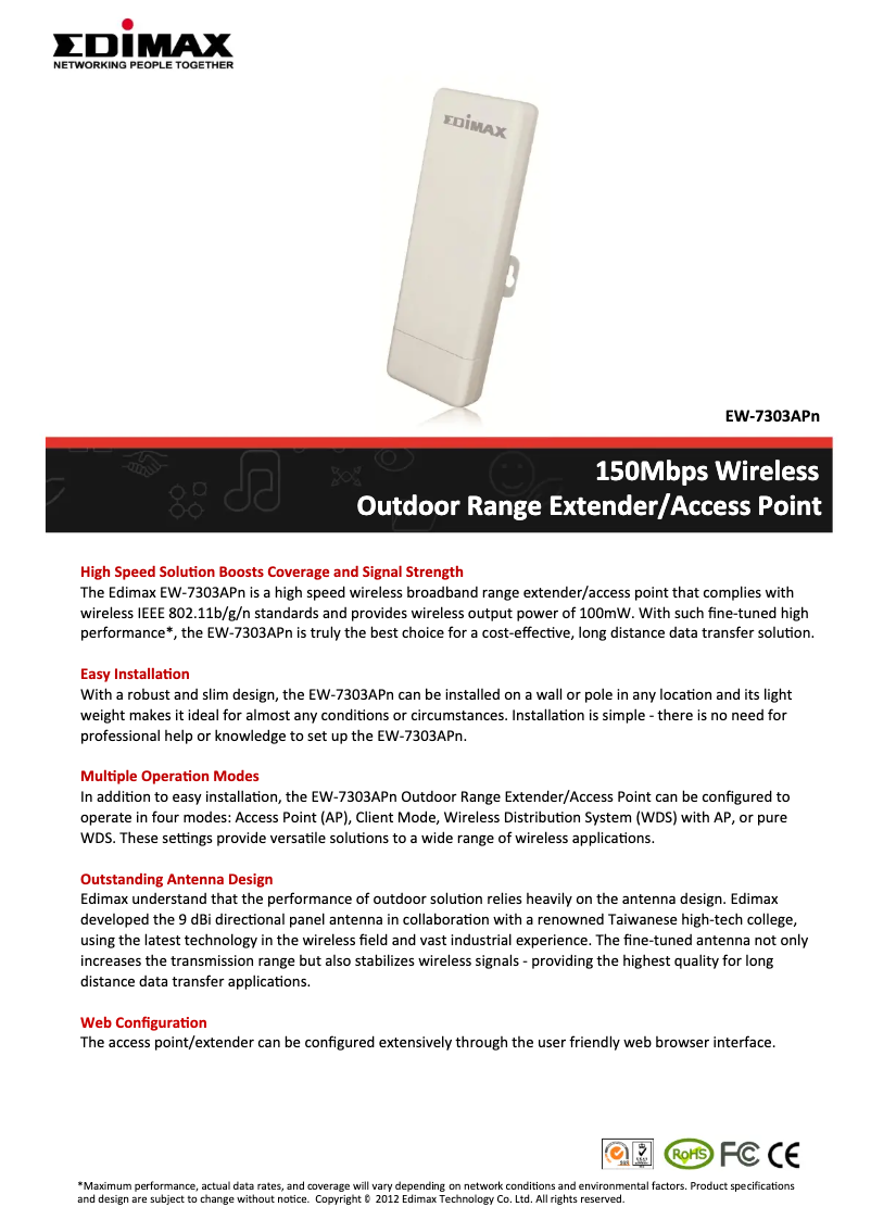 Page 1 de la notice Fiche technique Edimax EW-7303APN