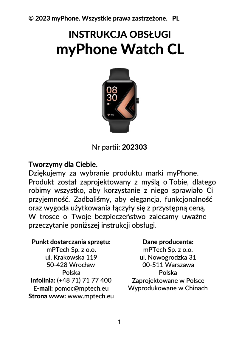 Page 1 de la notice Manuel utilisateur myPhone Watch CL