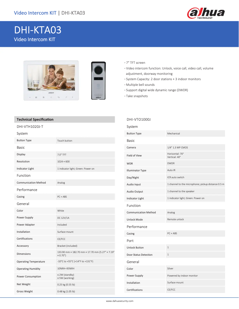 Page n°1 - Fiche technique Dahua Technology KTA03