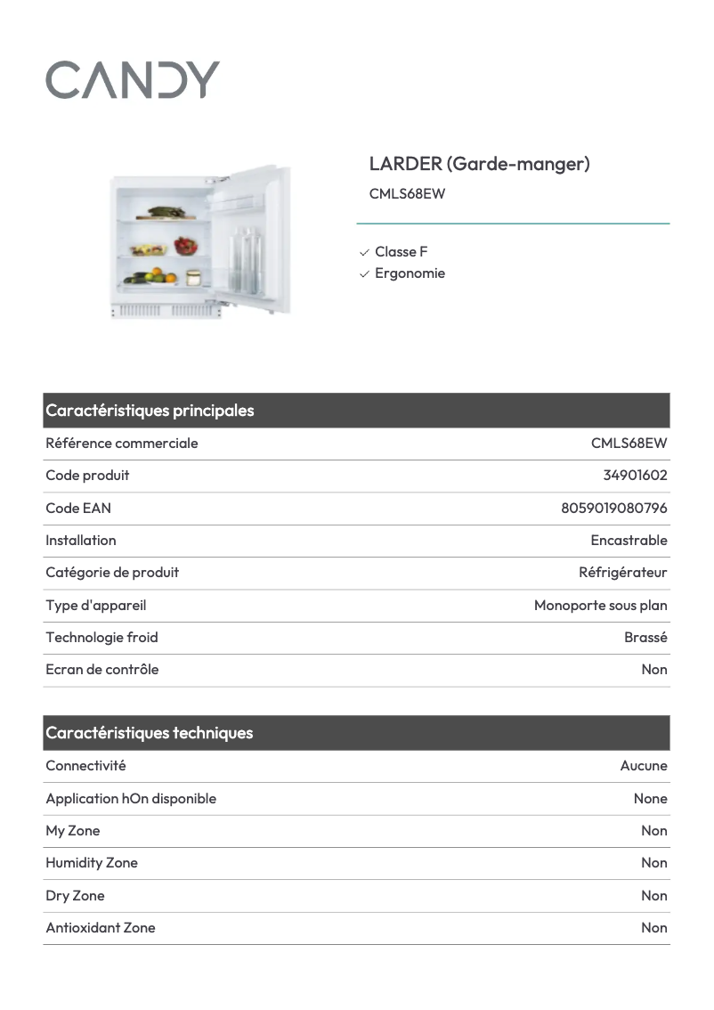 Page 1 de la notice Fiche technique Candy CMLS68EW