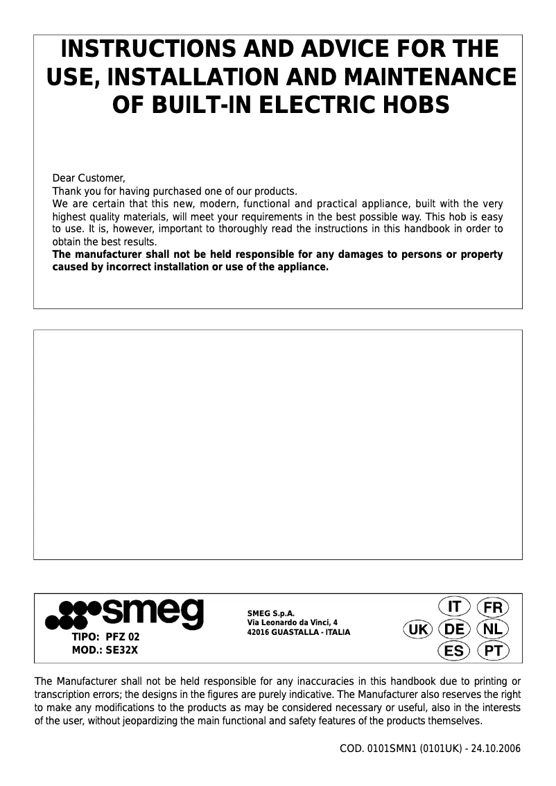 Page 1 de la notice Manuel utilisateur Smeg SE32X
