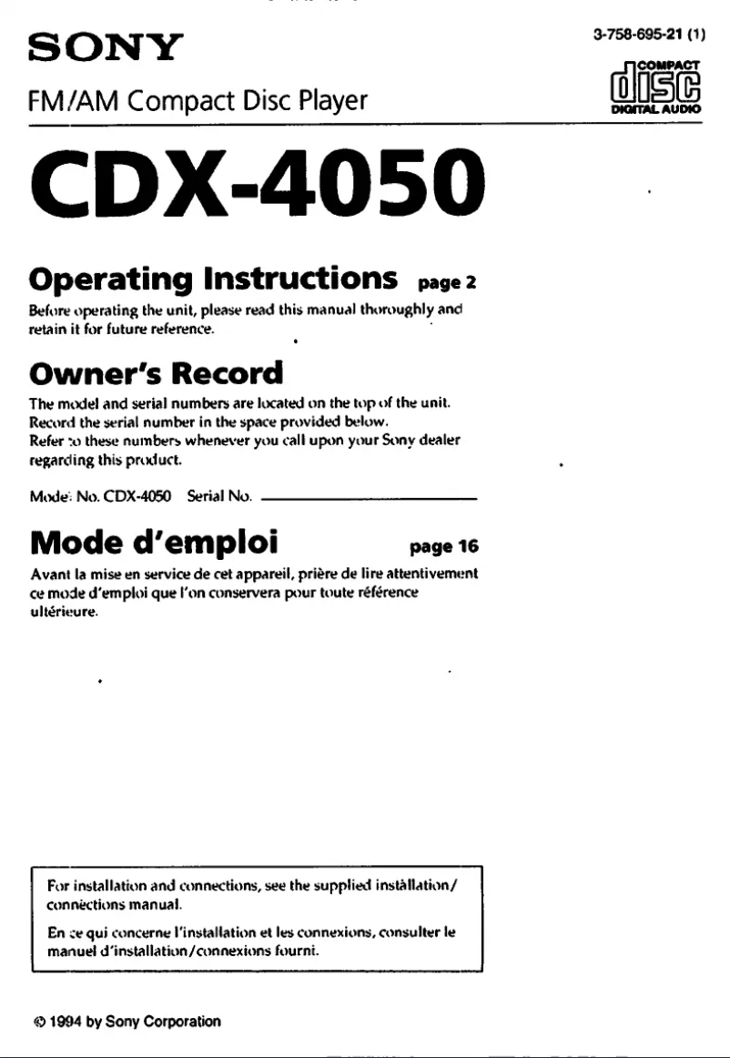 Image de la première page du manuel de l'appareil CDX-4050