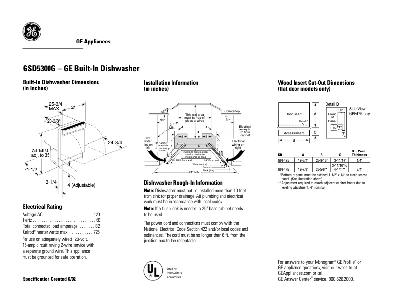 Página 1 del manual Ficha técnica GE GSD5300GBB