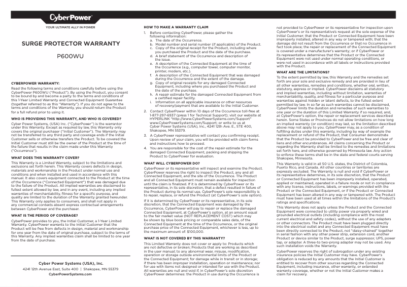 Page n°1 - Informations de garantie CyberPower Professional P600WU