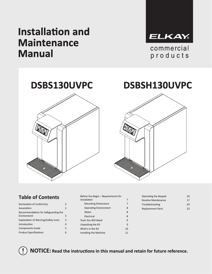 Page 1 de la notice Manuel utilisateur Elkay DSBSH130UVPC