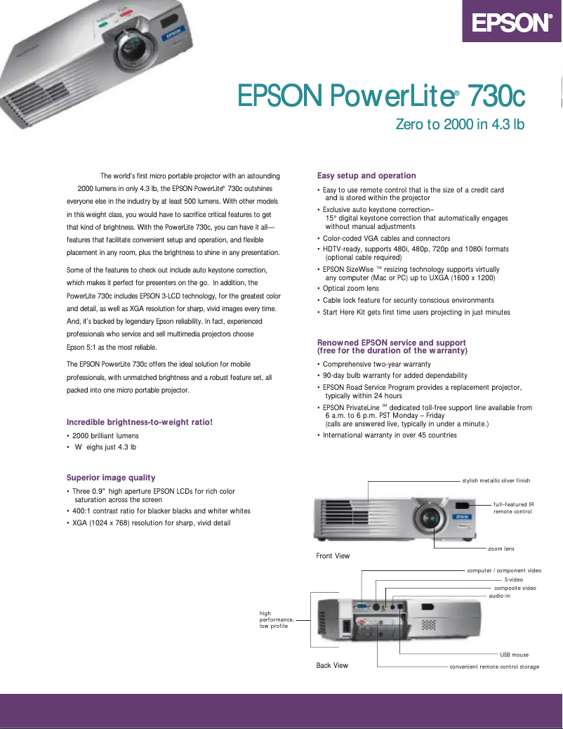 Imagen de la primera página del manual del dispositivo PowerLite 730c
