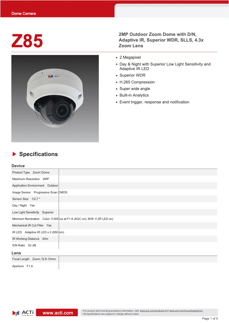 Page 1 de la notice Fiche technique ACTi Z85