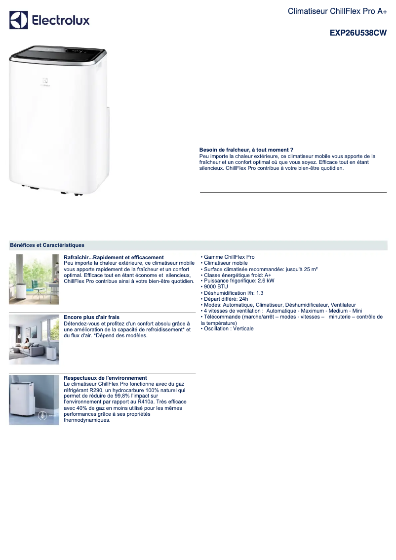 Page 1 de la notice Fiche technique Electrolux EXP26U538CW