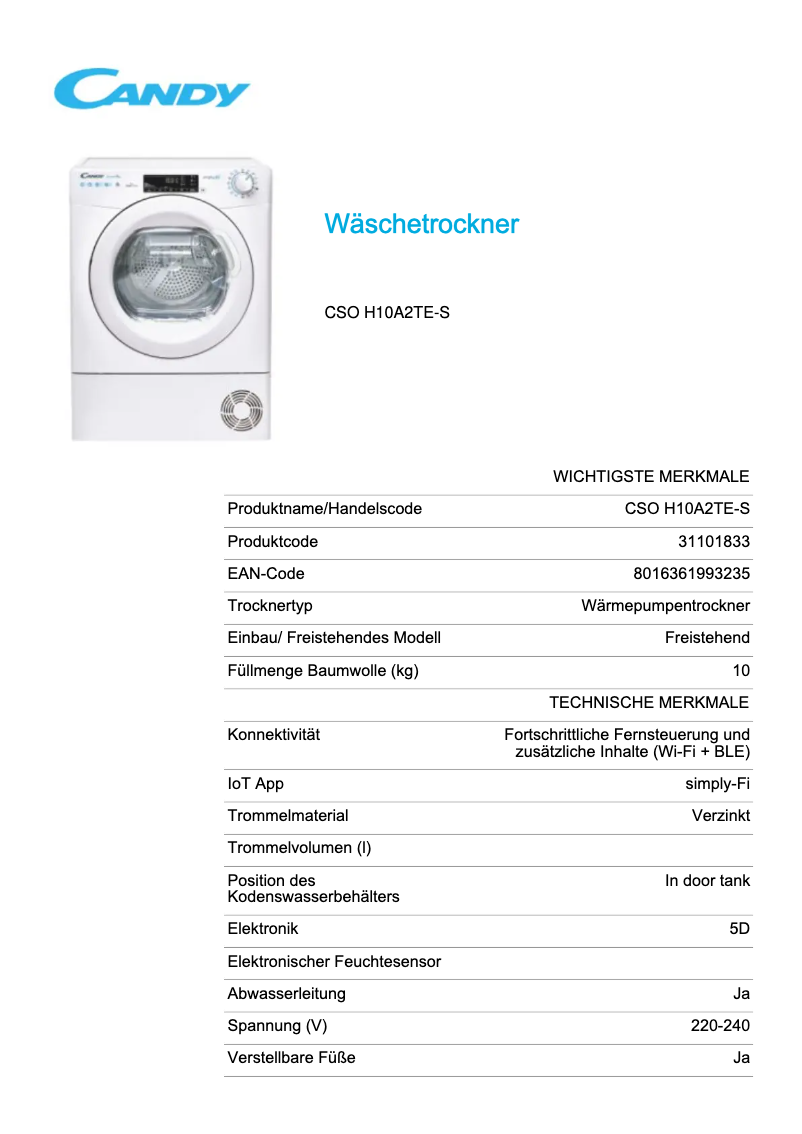 Page 1 de la notice Fiche technique Candy CSO H10A2TE-S