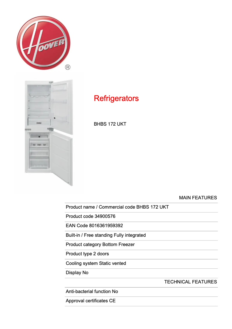 Page 1 de la notice Fiche technique Hoover BHBS 172 UKT