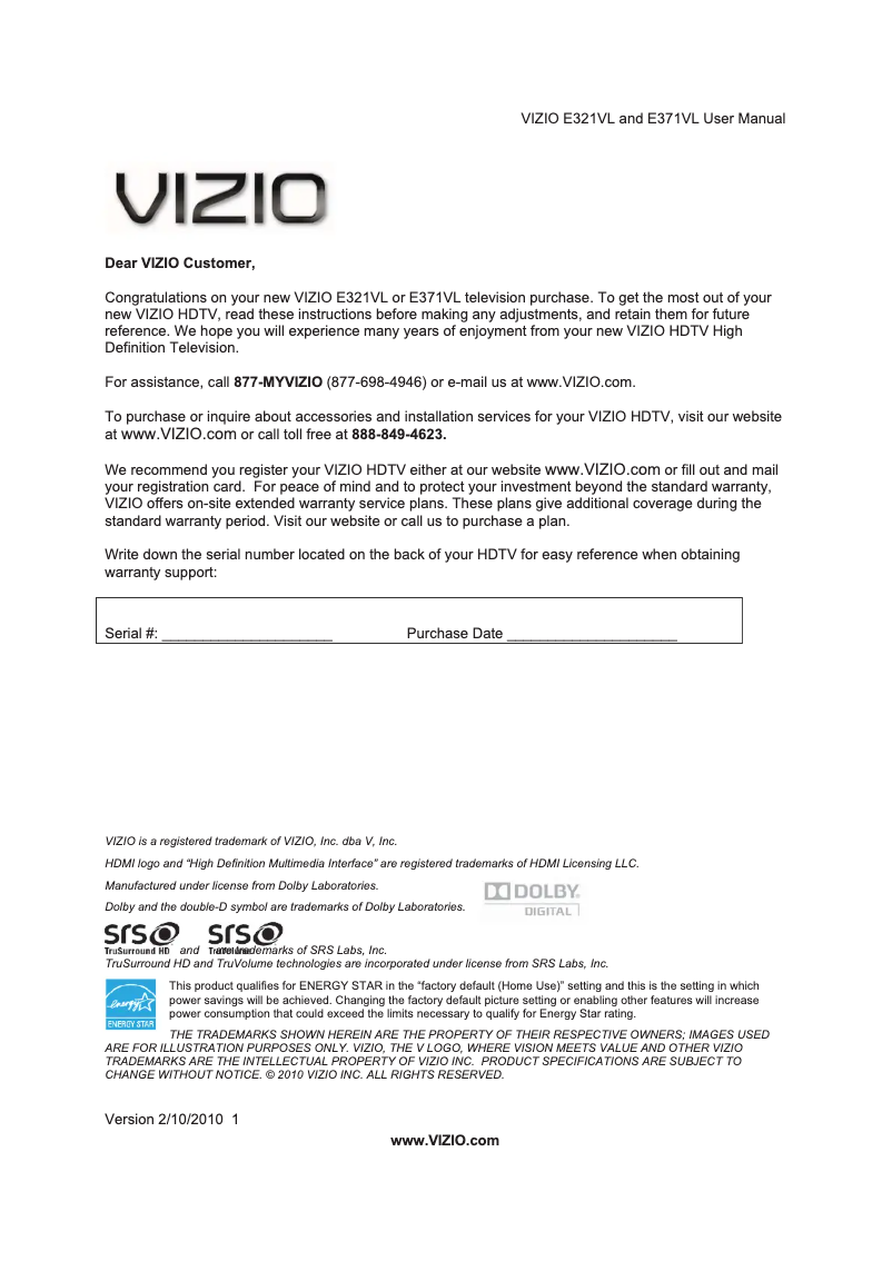 Page n°1 - Manuel utilisateur VIZIO E321VL