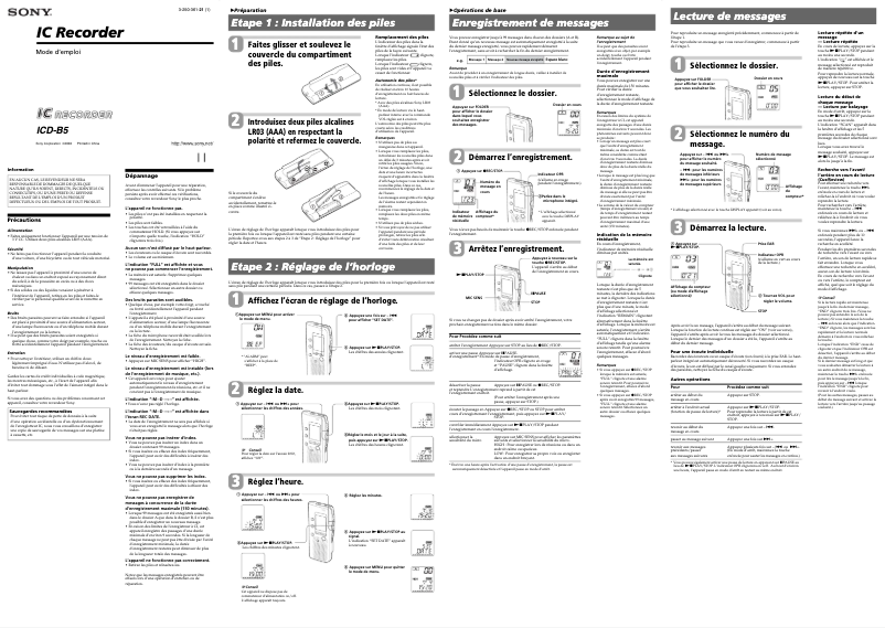 Page 1 de la notice Manuel utilisateur Sony ICD-B5