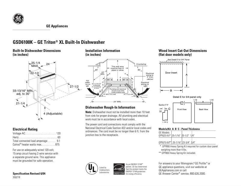 Page 1 de la notice Fiche technique GE GSD6100KWW