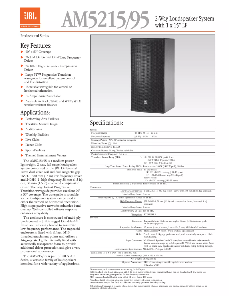 Page 1 de la notice Fiche technique JBL AM5215