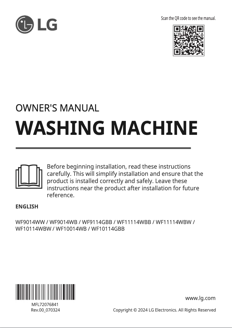 Page 1 de la notice Manuel utilisateur LG WF11114WBB