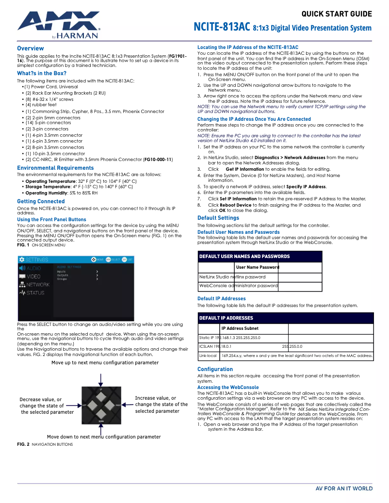 Page 1 de la notice Guide de démarrage rapide AMX NCITE-813A