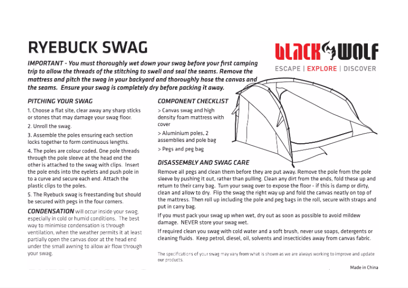 Page 1 de la notice Manuel utilisateur Black Wolf Ryebuck Swag