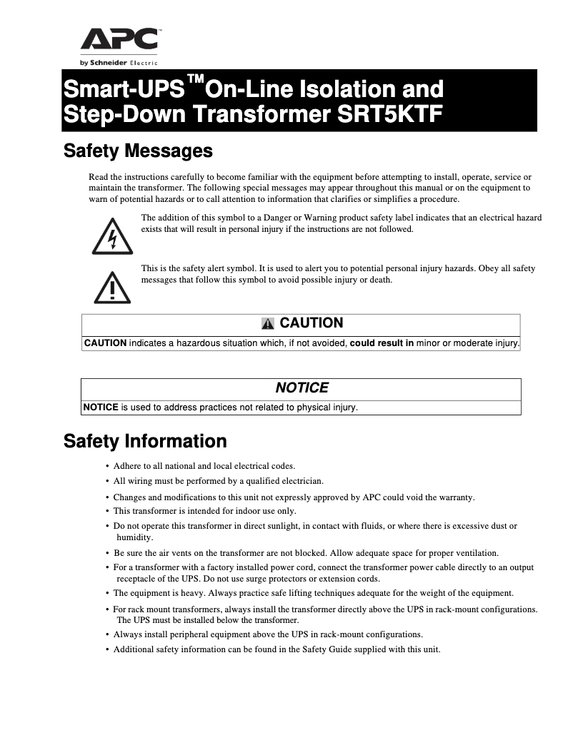 Page n°1 - Manuel utilisateur APC Smart-UPS SRT5KTF