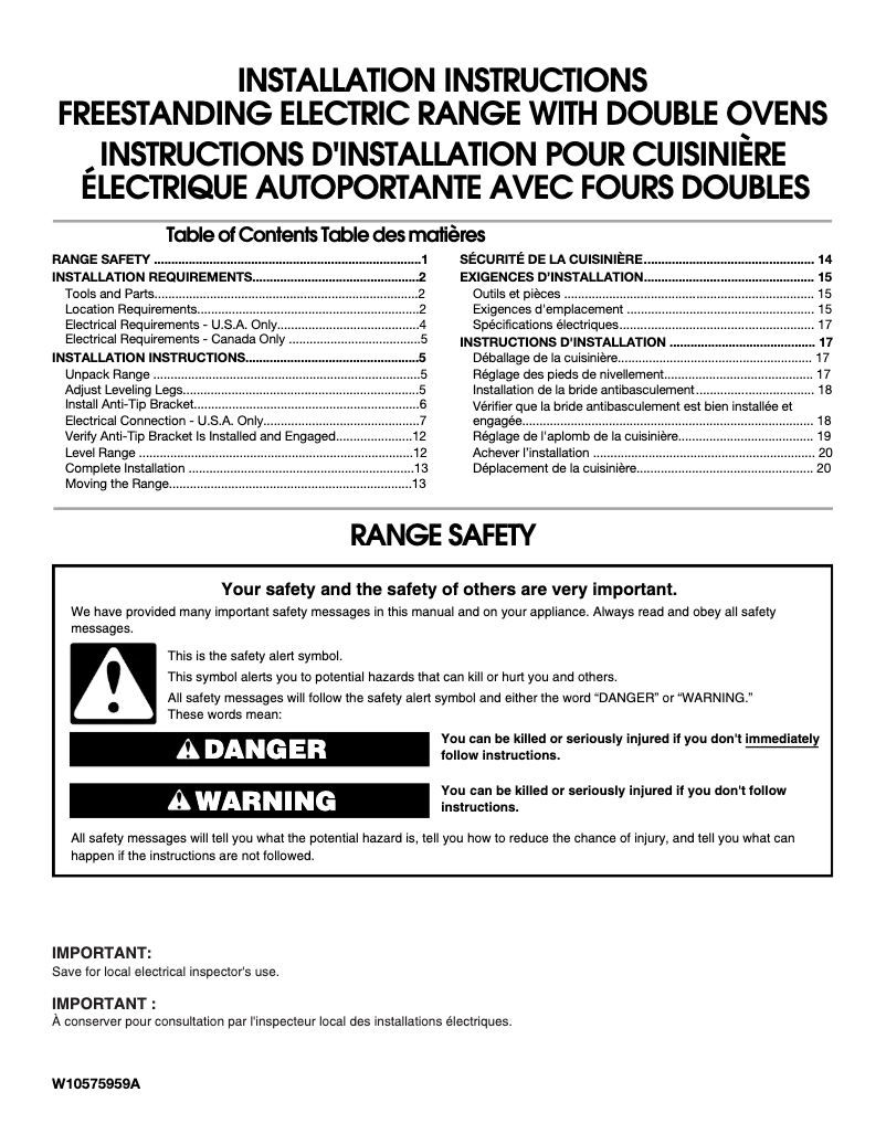 Page 1 de la notice Instructions / montage Whirlpool WGE755C0BE