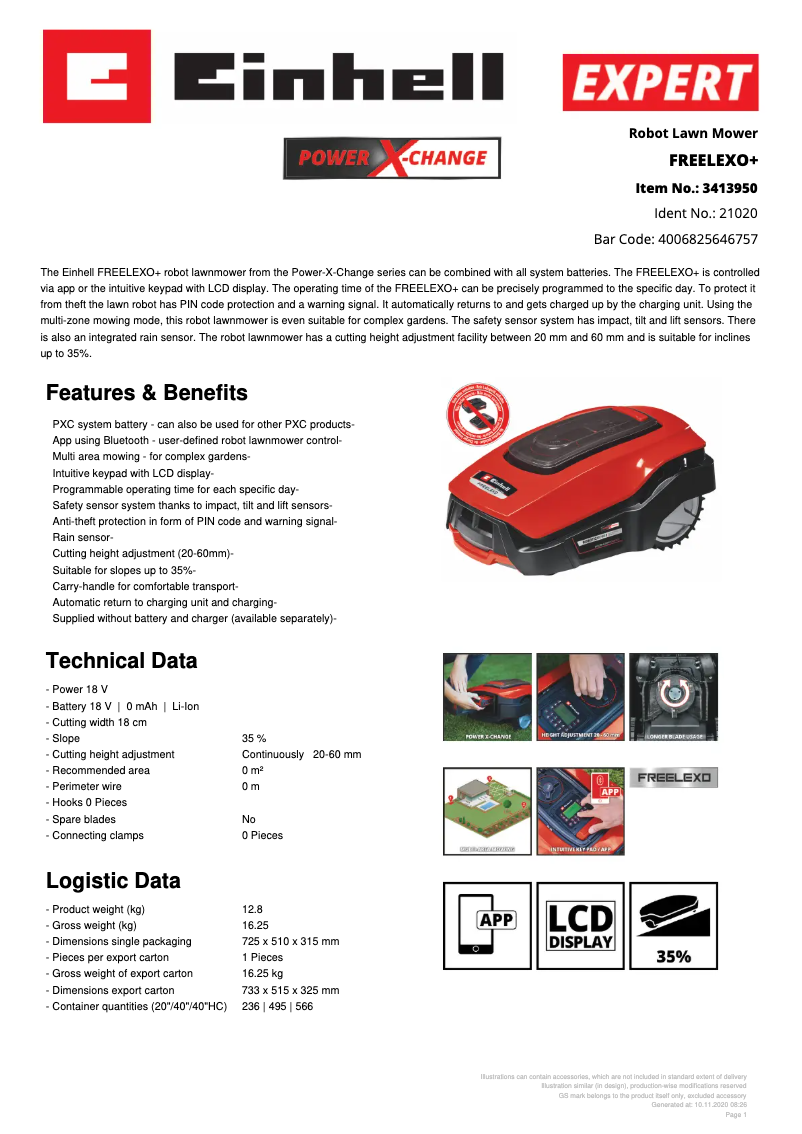 Page 1 de la notice Fiche technique Einhell FREELEXO+