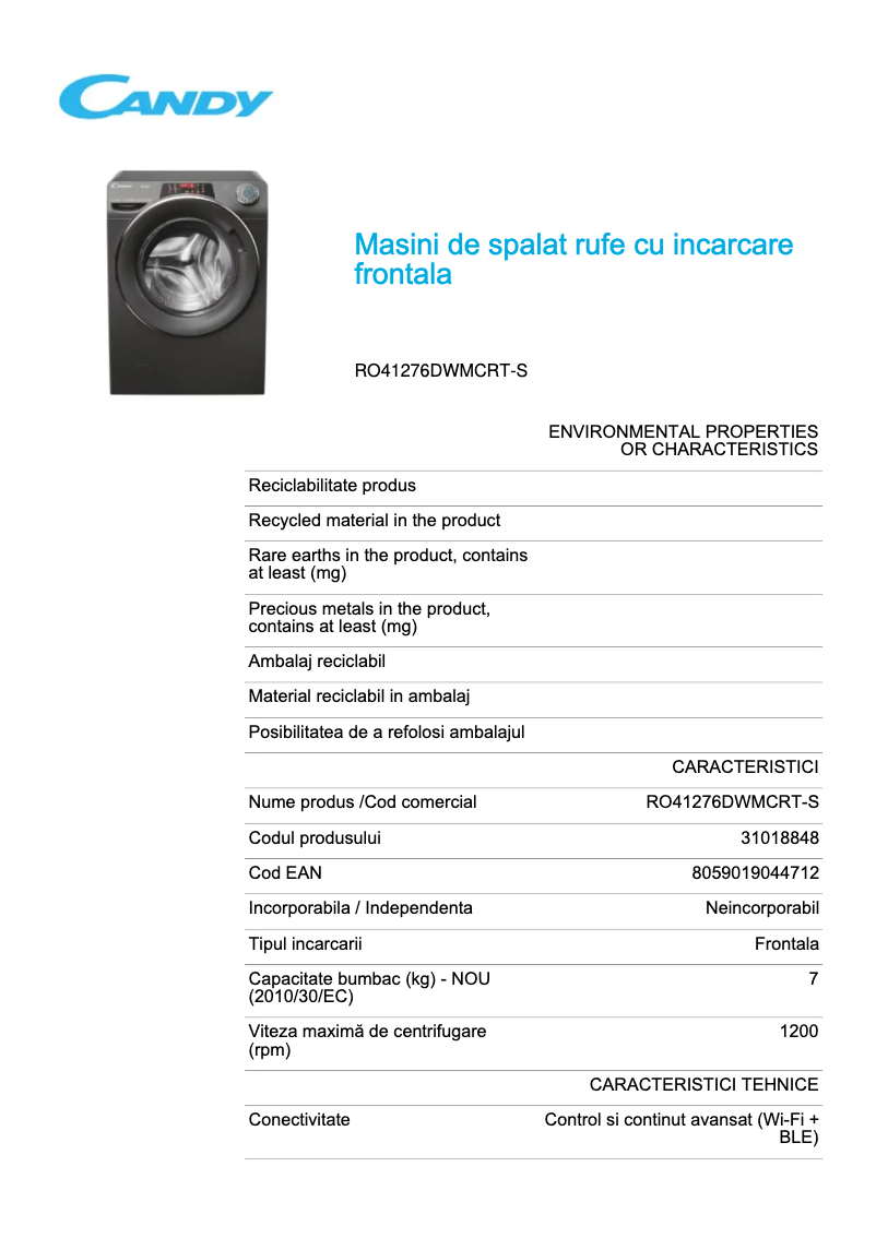 Page 1 de la notice Fiche technique Candy RO41276DWMCRT-S