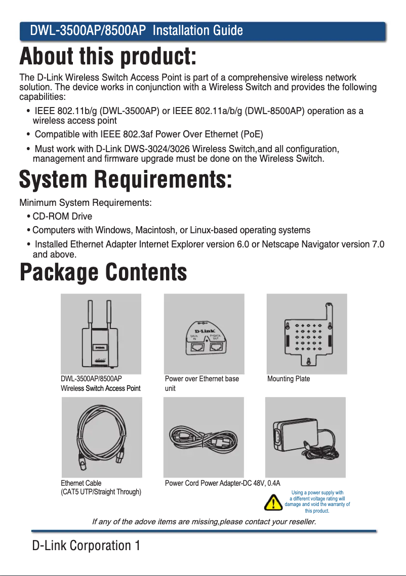 Page 1 de la notice Guide d'installation D-Link DWL-8500AP