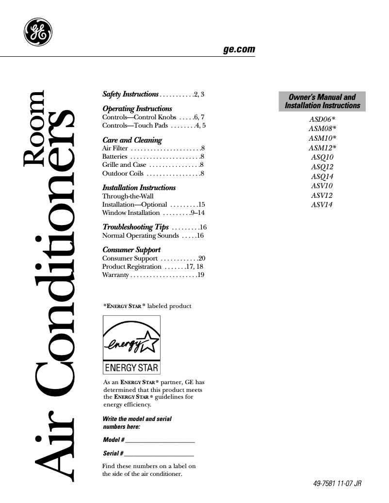 Page n°1 - Guide d'installation GE ASM12AL