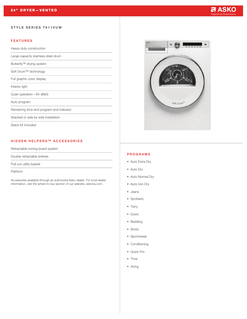 Page 1 de la notice Fiche technique Asko T611VUW