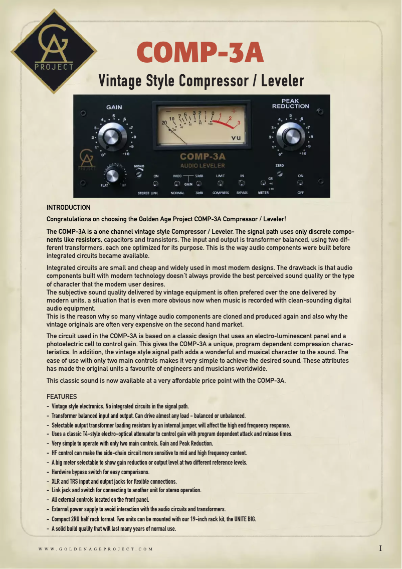 Page 1 de la notice Manuel utilisateur Golden Age Project Comp-3A