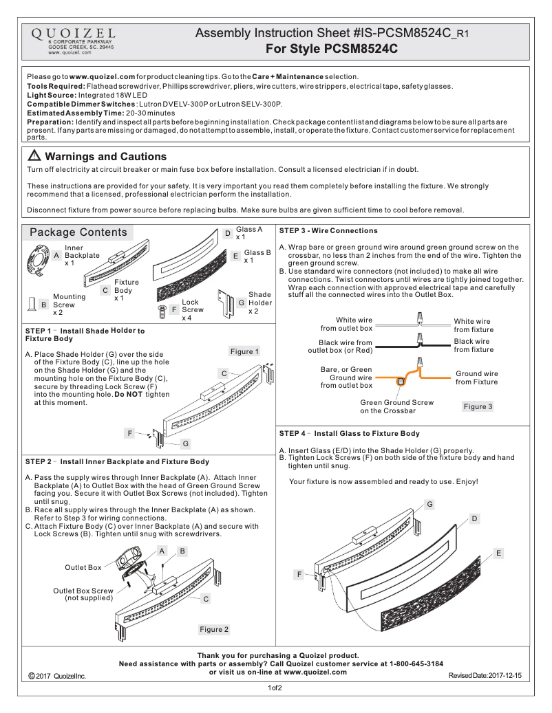 Page 1 de la notice Manuel utilisateur Quoizel PCSM8524C