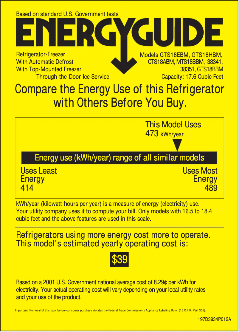 Page 1 de la notice Label énergétique GE GTS18HBMCC