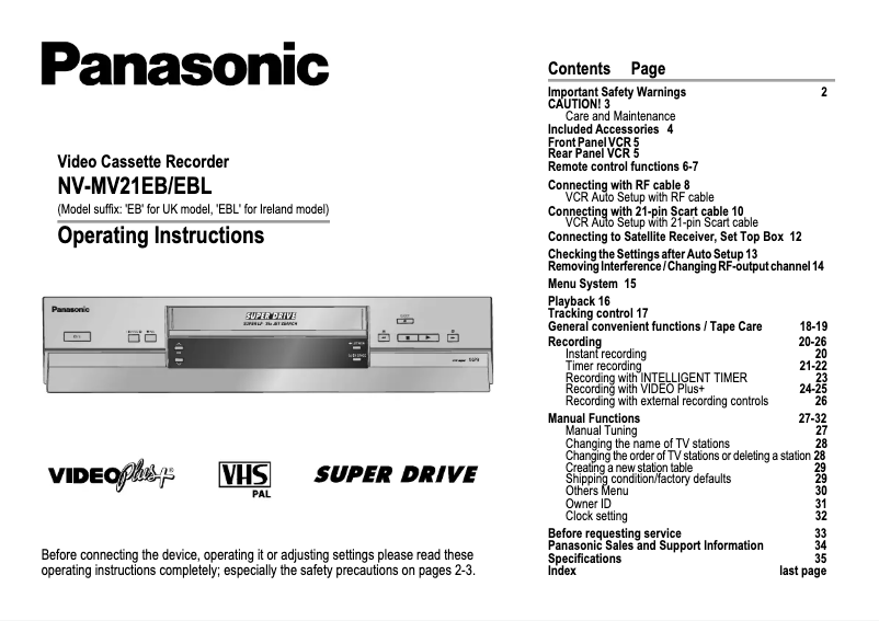 Page 1 de la notice Manuel utilisateur Panasonic NV-HV21
