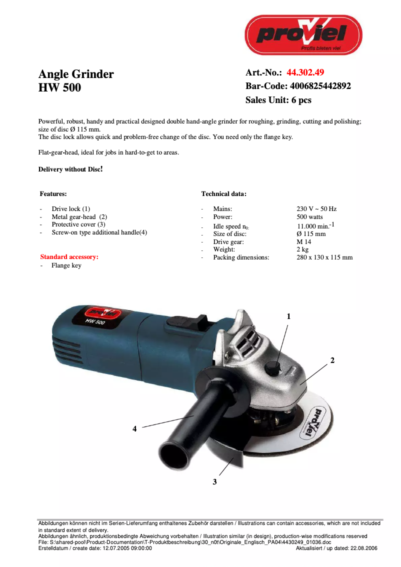 Page n°1 - Fiche technique Proviel HW 500