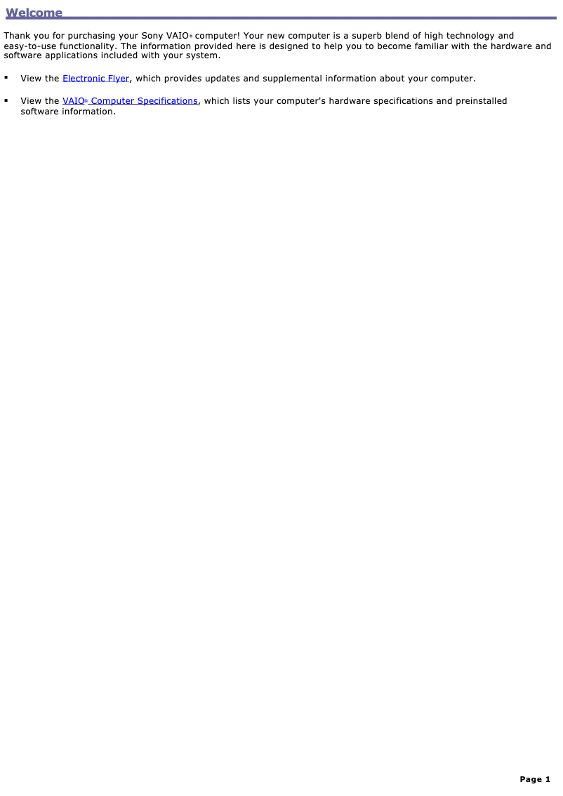 Image de la première page du manuel de l'appareil Vaio PCV-RS324