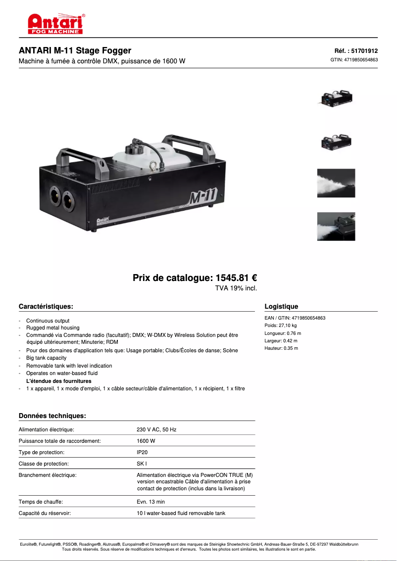 Page 1 de la notice Fiche technique Antari M-11