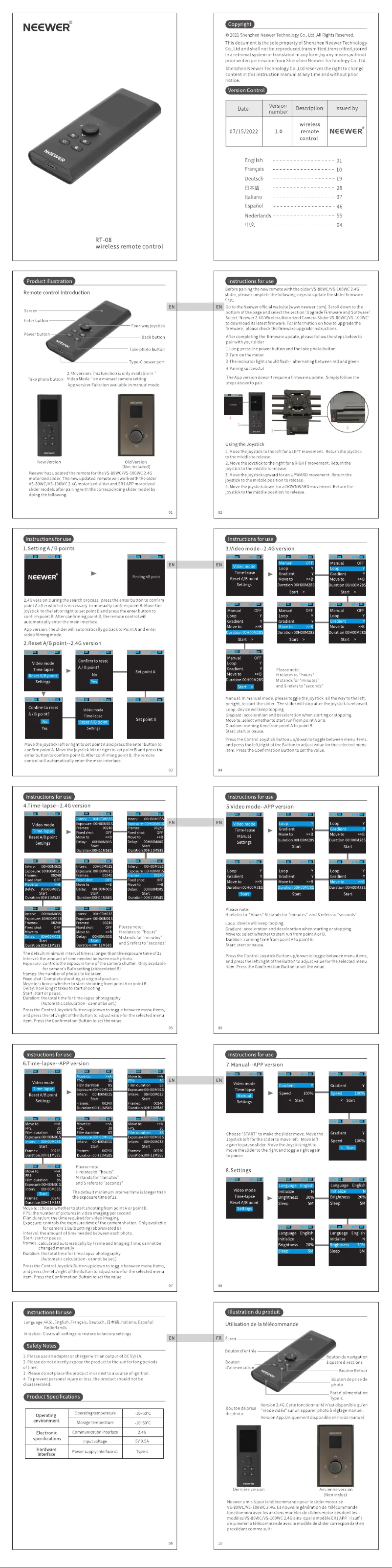 Page 1 de la notice Manuel utilisateur Neewer RT-08