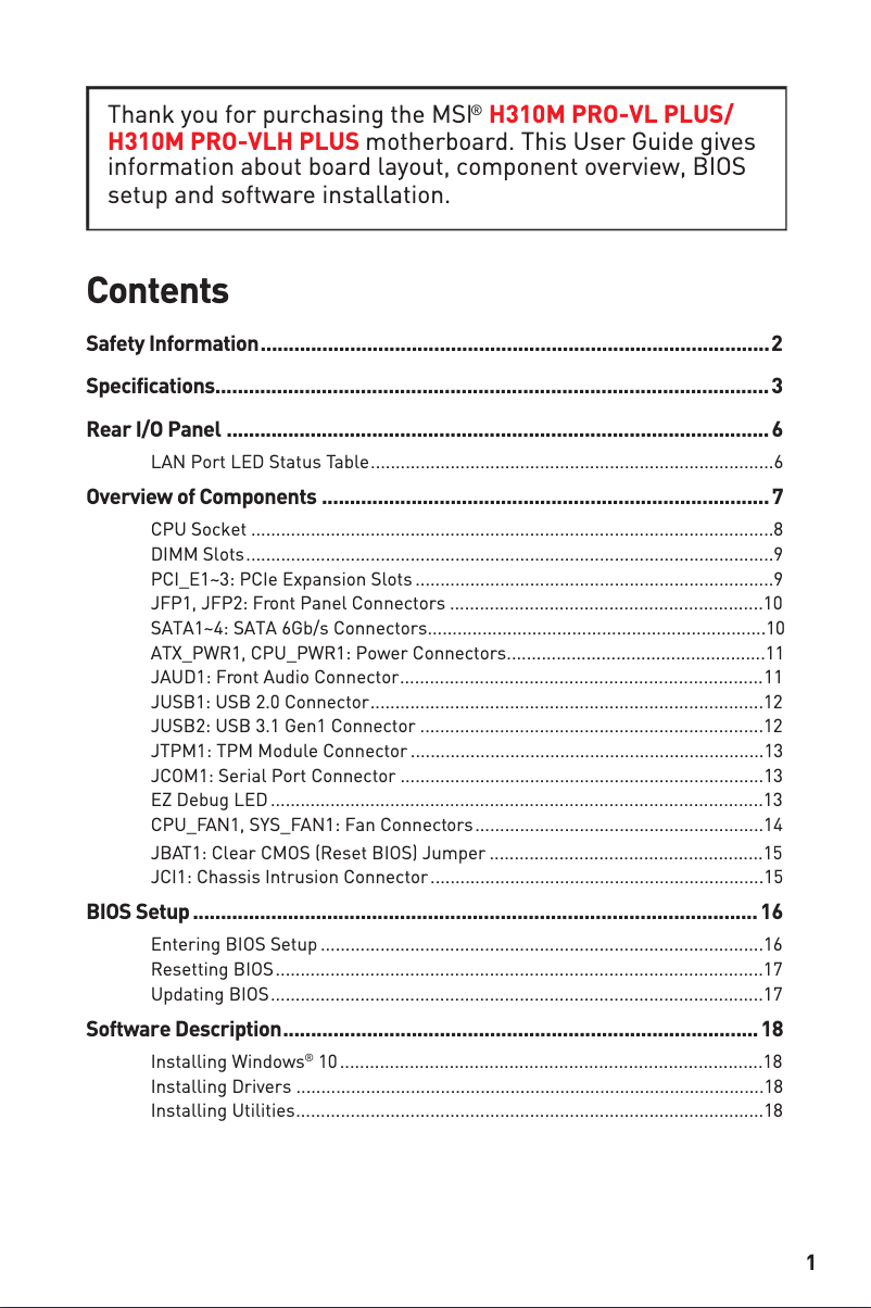 Page n°1 - Manuel utilisateur MSI H310M Pro-VLH Plus