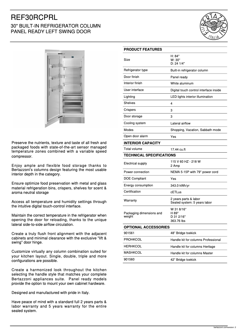 Page 1 de la notice Fiche technique Bertazzoni REF30RCPRL