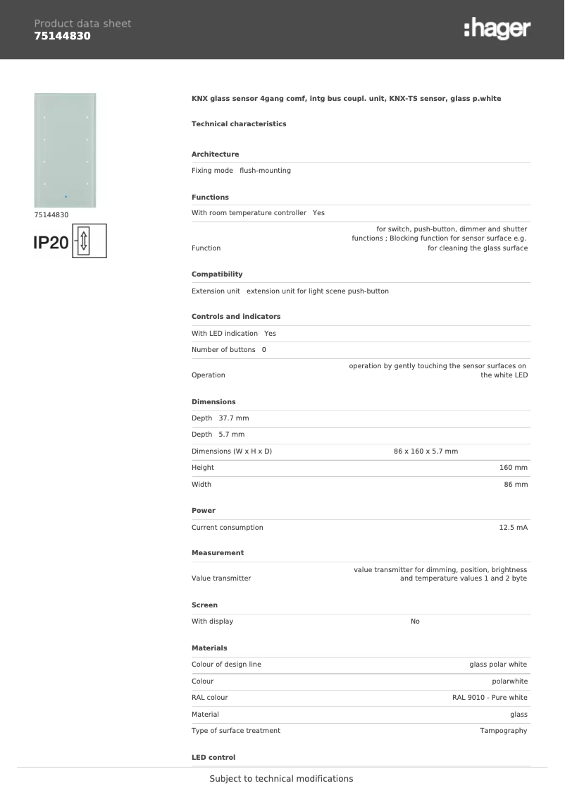 Page n°1 - Fiche technique Hager 75144830