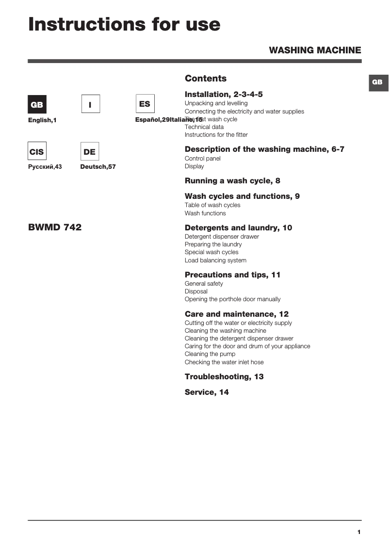 Page n°1 - Manuel utilisateur Hotpoint Ariston BWMD 742