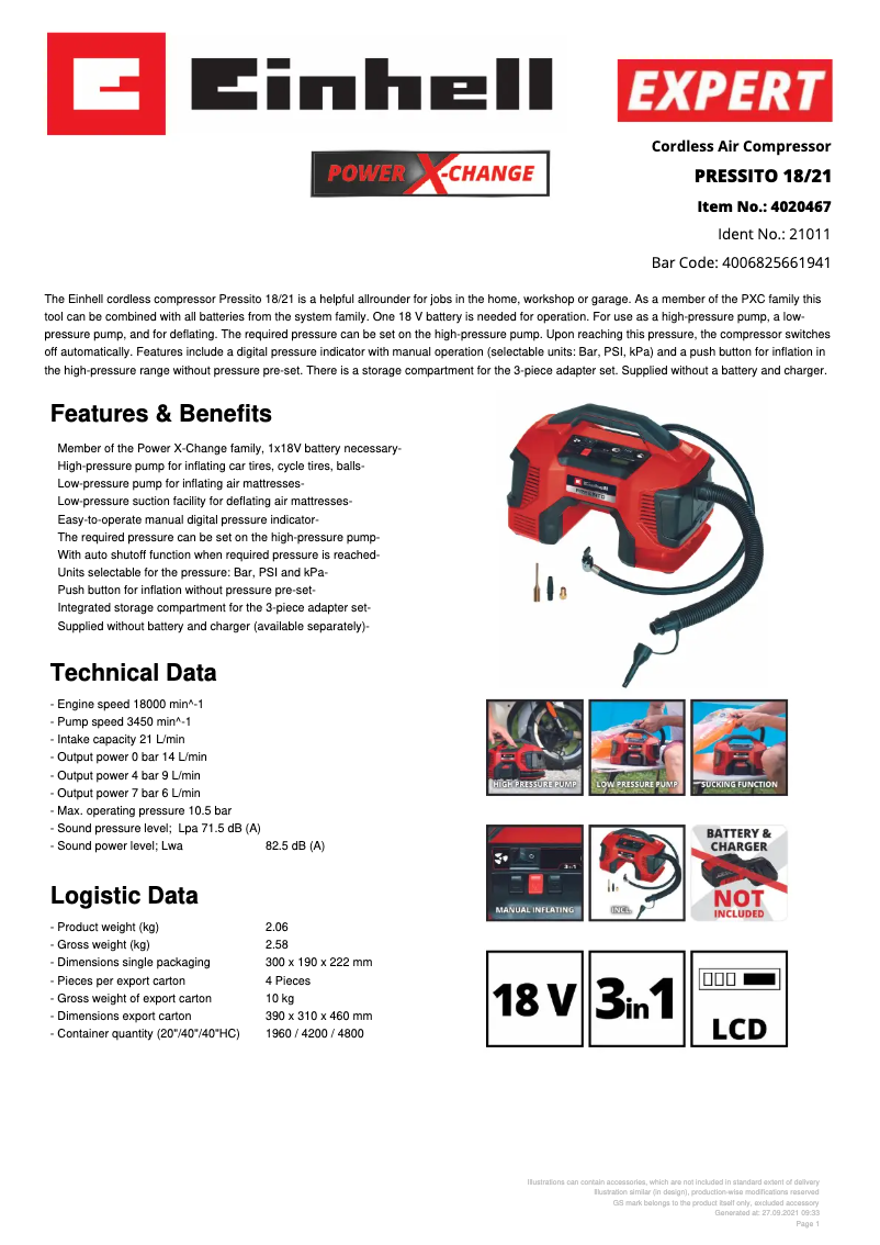 Page 1 de la notice Fiche technique Einhell Pressito 18/21