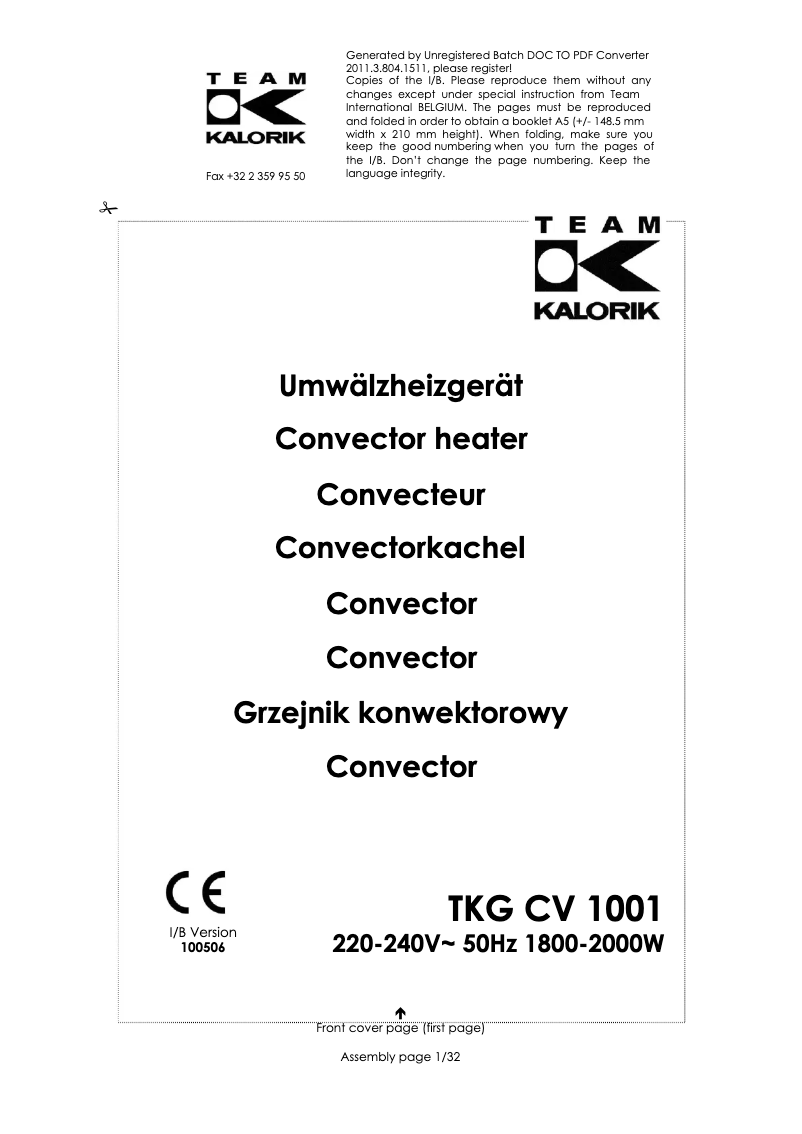 Image de la première page du manuel de l'appareil TKG CV 1001