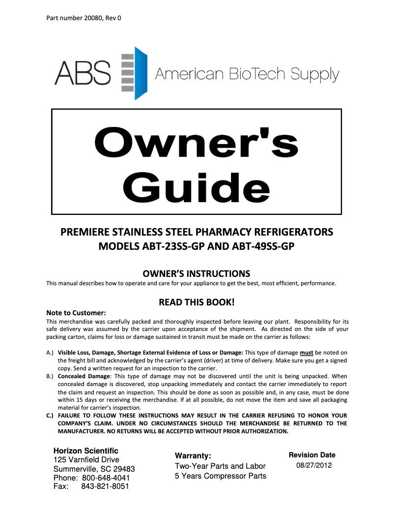 Page 1 de la notice Manuel d'utilisation et d'entretien American BioTech Supply PH-ABT-SSP-49