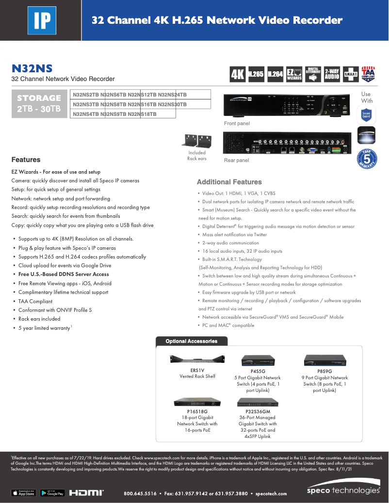 Page 1 de la notice Fiche technique Speco Technologies N32NS